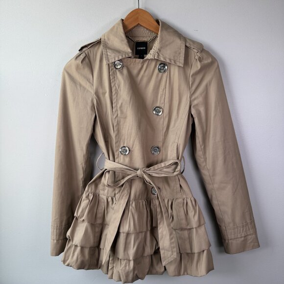 Express Peplum Ruffle Mid Length Neutral Tan Trench Coat with Belt Y2K Small - Picture 1 of 13